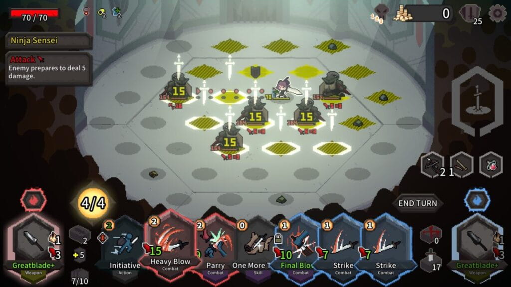 Alina of the Arena combat screen showing enemy intents, stamina, and hex positioning