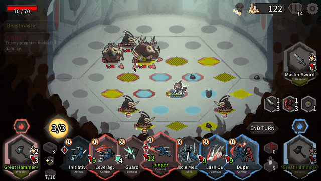 Alina of the Arena fight showing knockback lines, enemy intents, and safe hex options