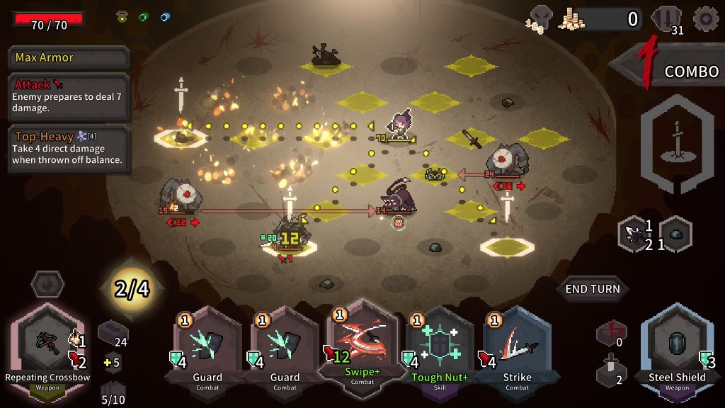Alina of the Arena board state with attack intents, hazards, and stamina choices