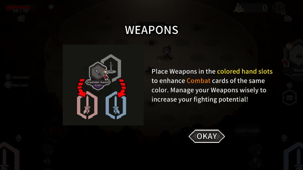 Alina of the Arena weapon tutorial explaining colored hand slots and combat cards