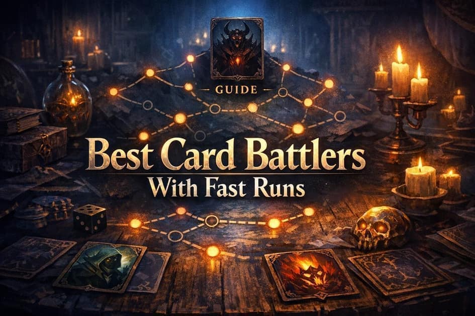 Stylized cards, relics, and glowing tokens over a dark battle board