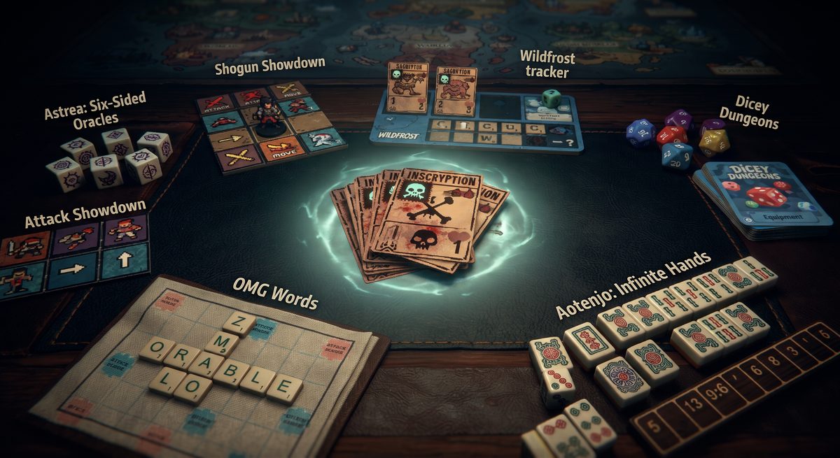 Dark card battler, dice, tiles, and sacrifice symbols arranged around a glowing game table