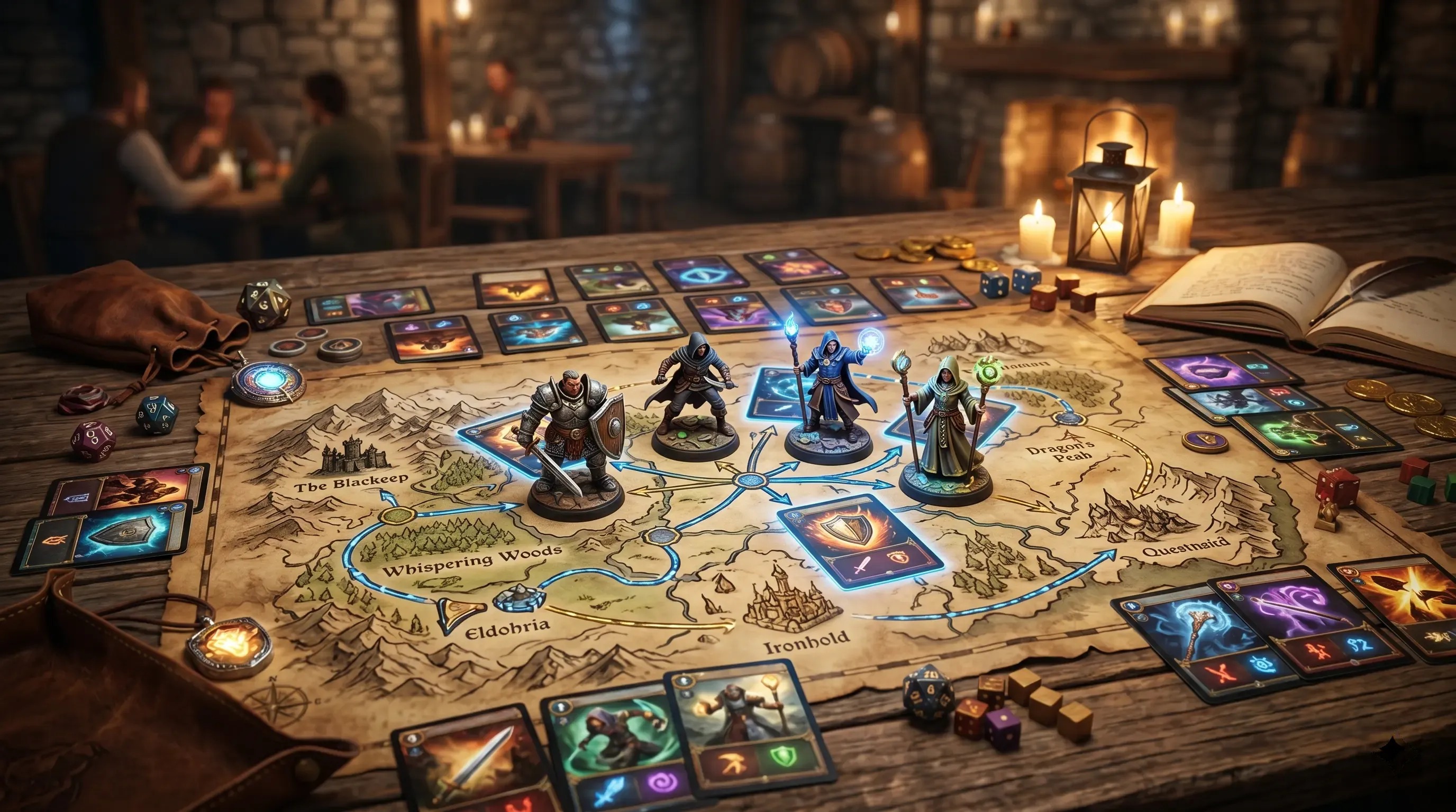Fantasy deckbuilding cards spread across a campaign map with party heroes, relics, and tactical markers