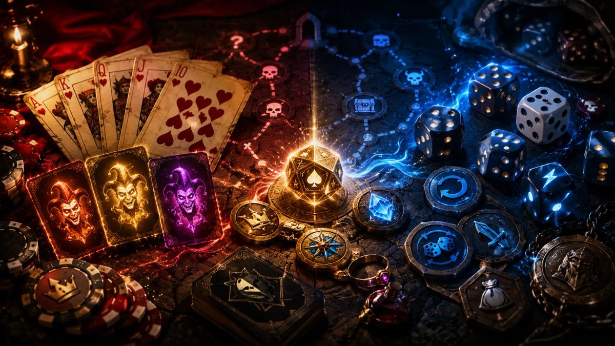 Dice and poker cards arranged around glowing roguelike deckbuilder tokens