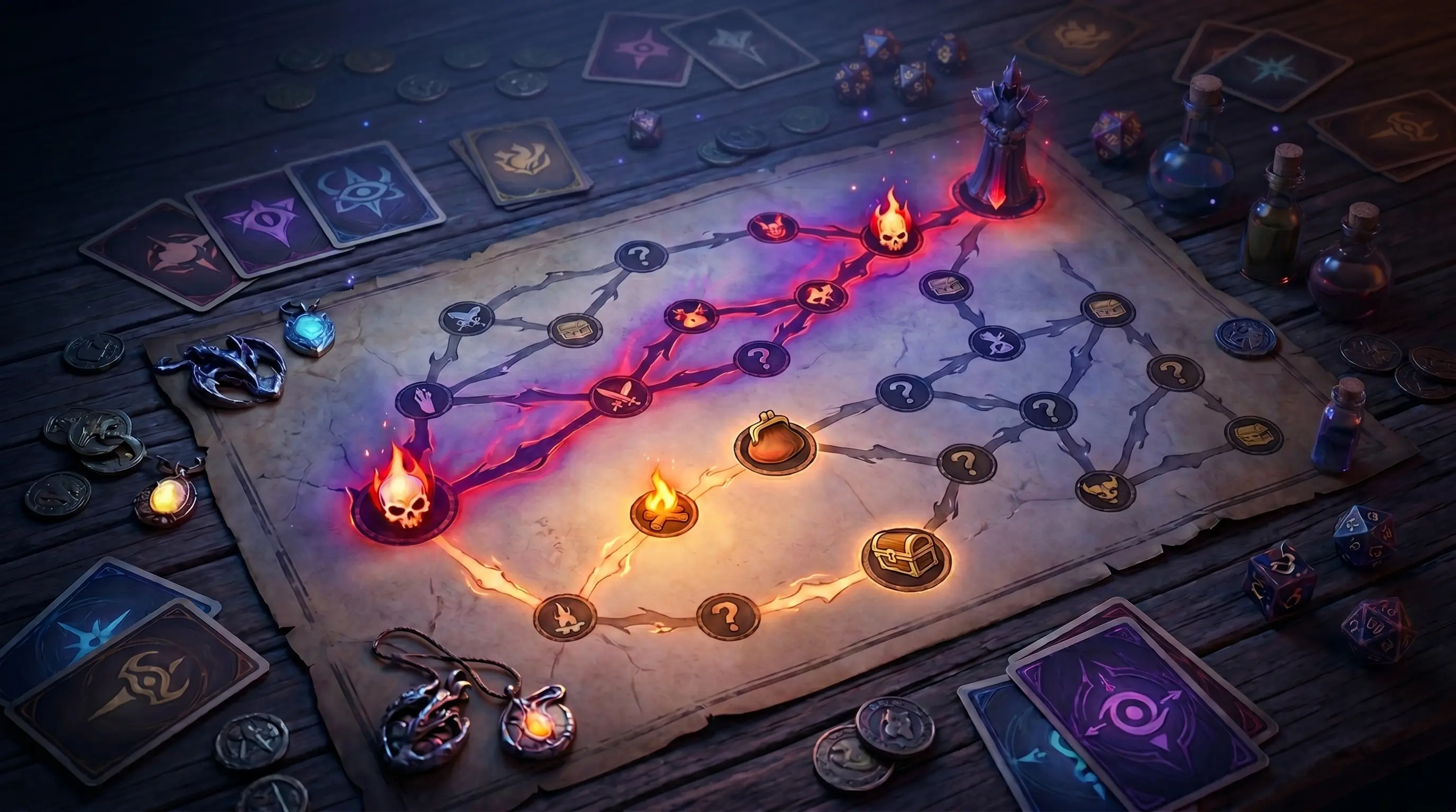 Branching roguelike deckbuilder map with cards, campfires, shops, and elite fights