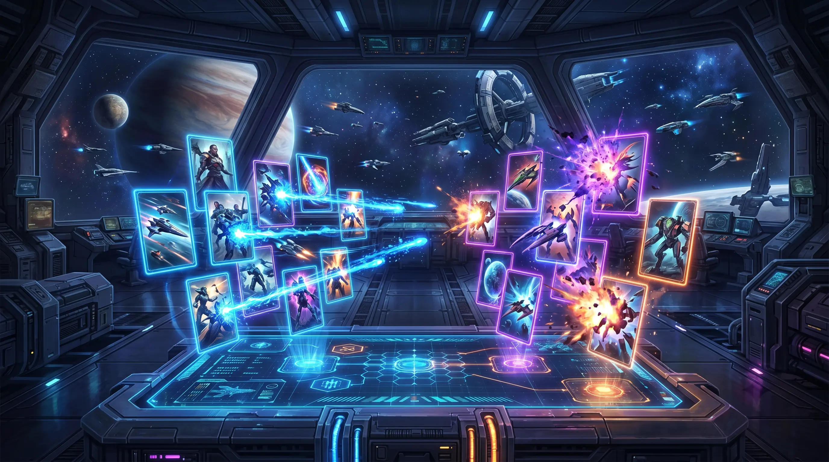Futuristic card battles with starships derelicts and glowing deckbuilding interfaces