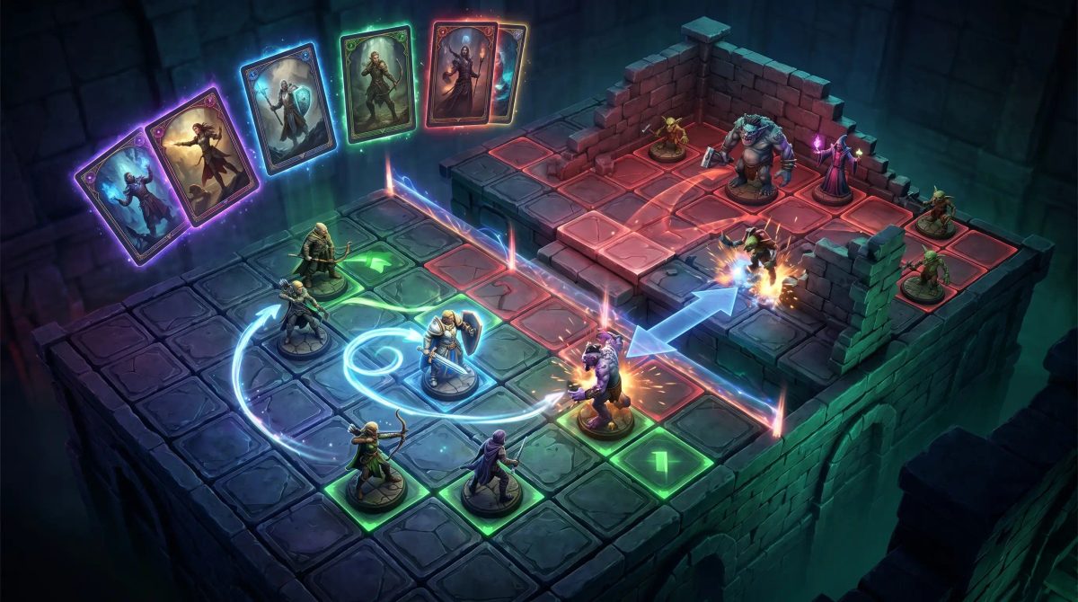 Fantasy card battlers fighting across tactical grid arenas