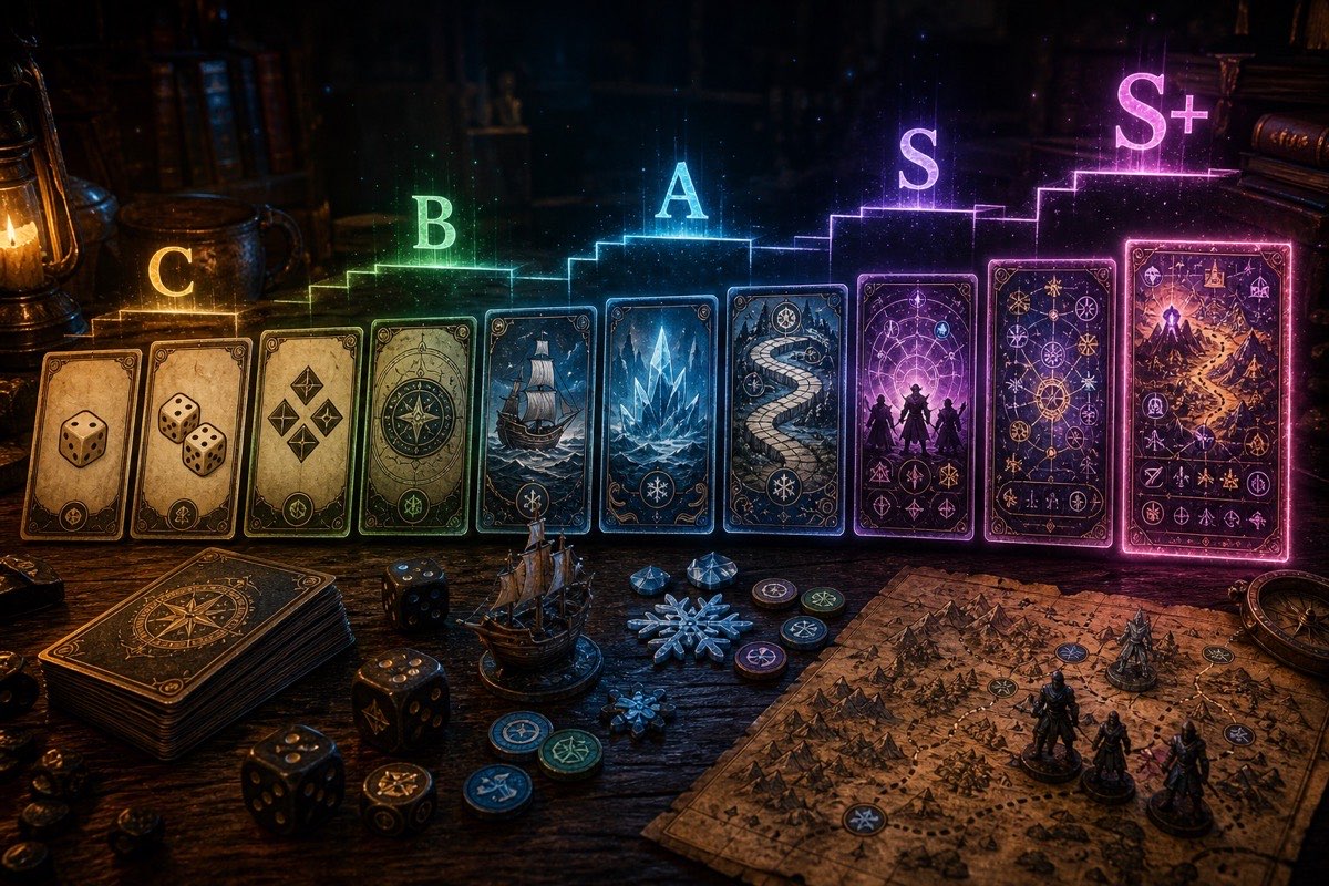 Ten fantasy cards arranged left to right beneath C through S+ tier labels