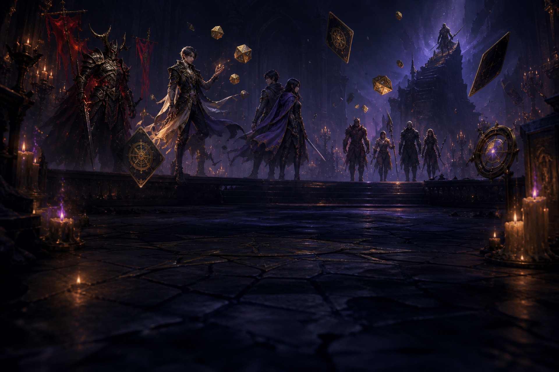 Distinct fantasy champions and drifting cards in a candlelit indigo hall