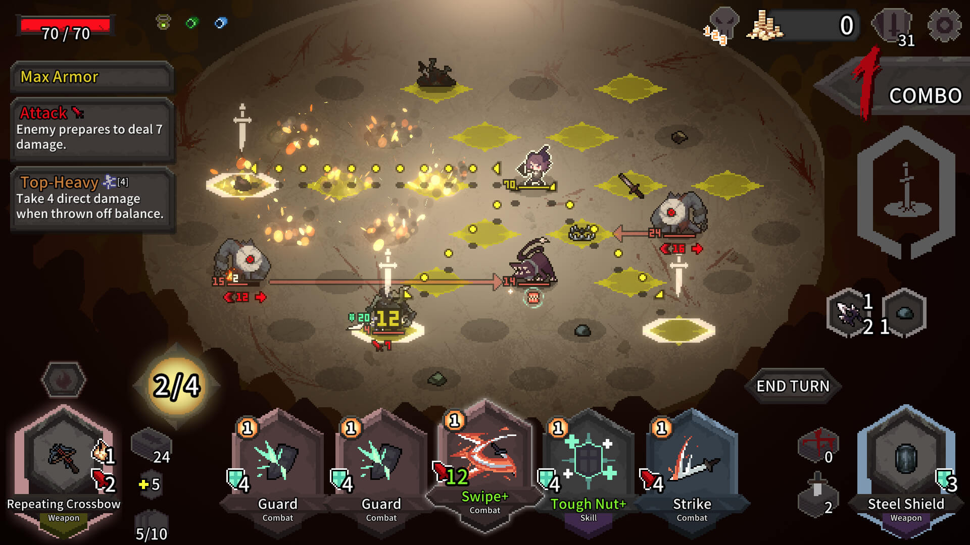 Alina of the Arena hex battlefield with cards, enemies, and tactical movement