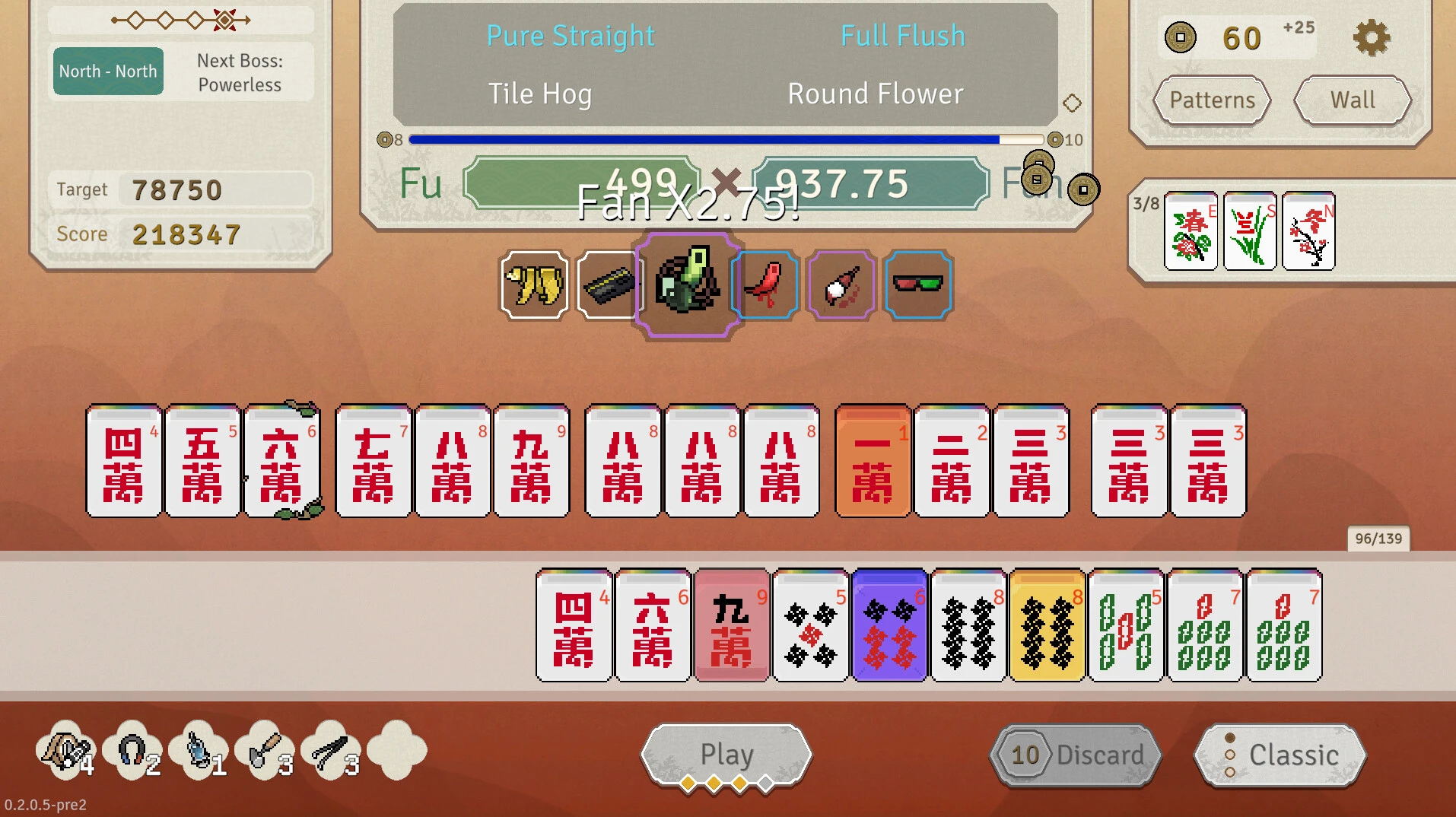 Aotenjo Infinite Hands mahjong roguelike deckbuilder with tile patterns and combo scoring