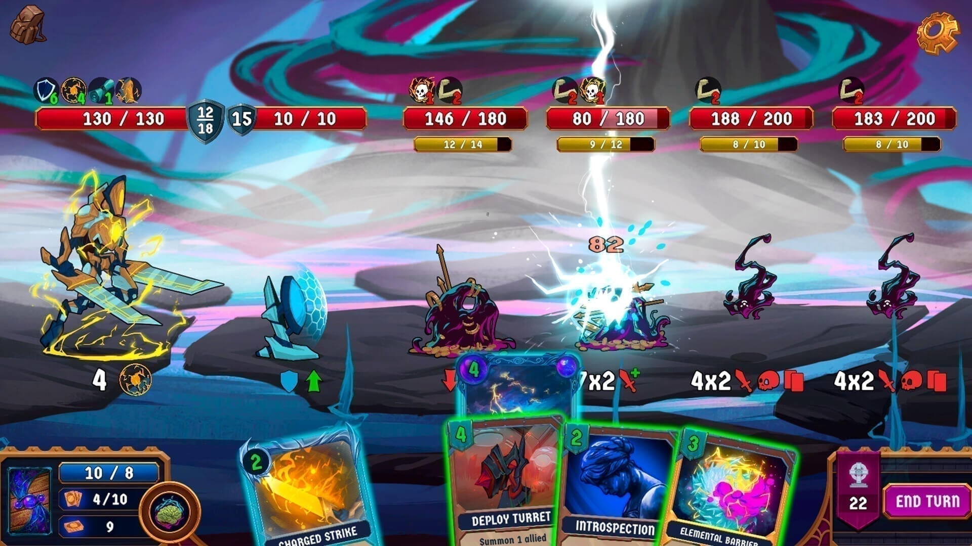 Breach Wanderers battle screen with cards, enemies, and deckbuilder combat