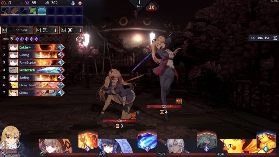 Chrono Ark combat screen with party portraits and layered deckbuilder UI