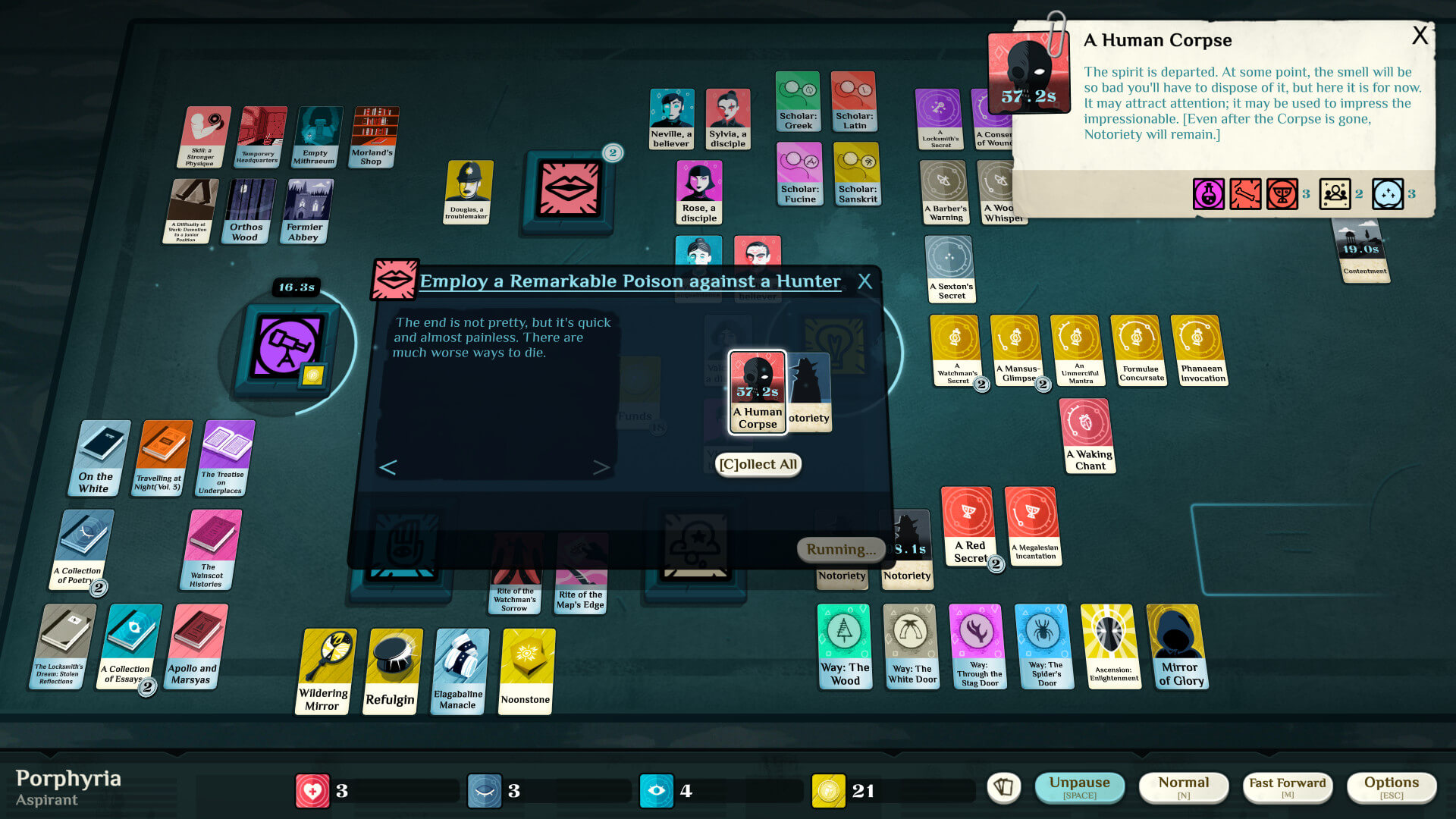 Cultist Simulator table of occult cards, timers, and ritual combinations