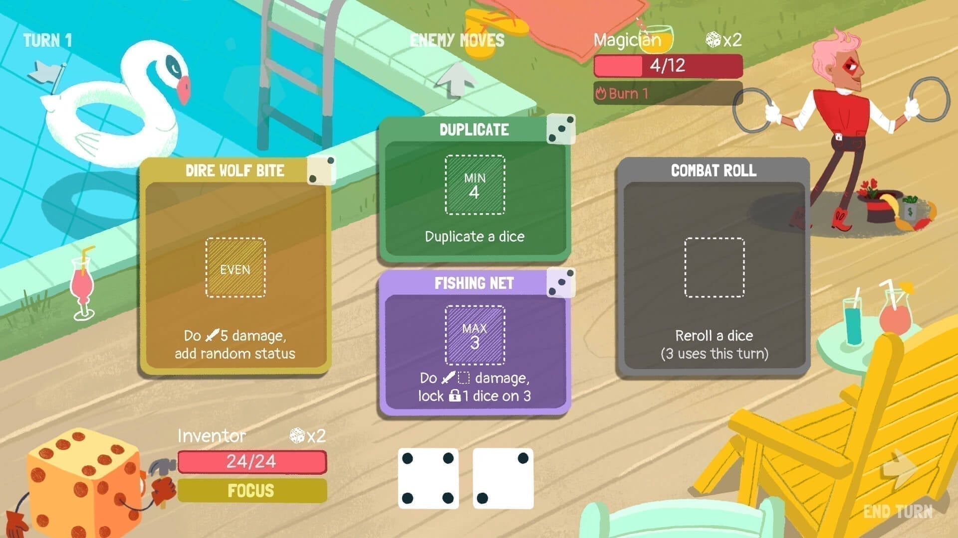 Dicey Dungeons run screen with dice, cards, and enemy encounters