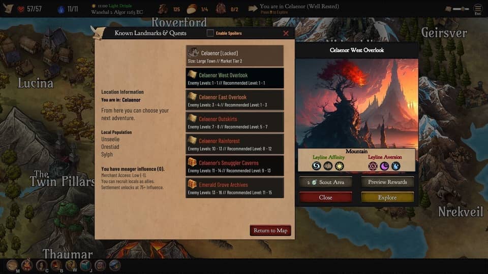 Erannorth Chronicles card and character interface from a deep RPG run