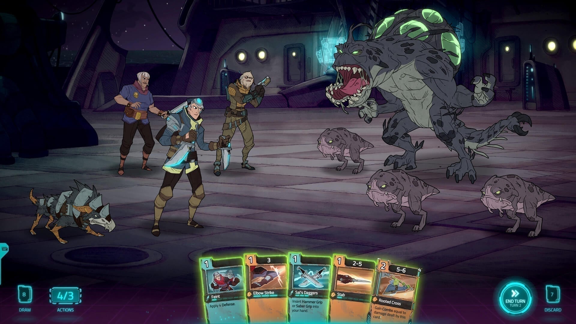 Griftlands negotiation or combat interface with cards and character portraits
