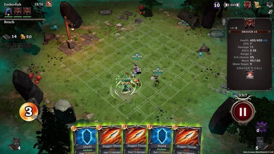 Hadean Tactics battlefield mixing auto-battler positioning and deckbuilder cards