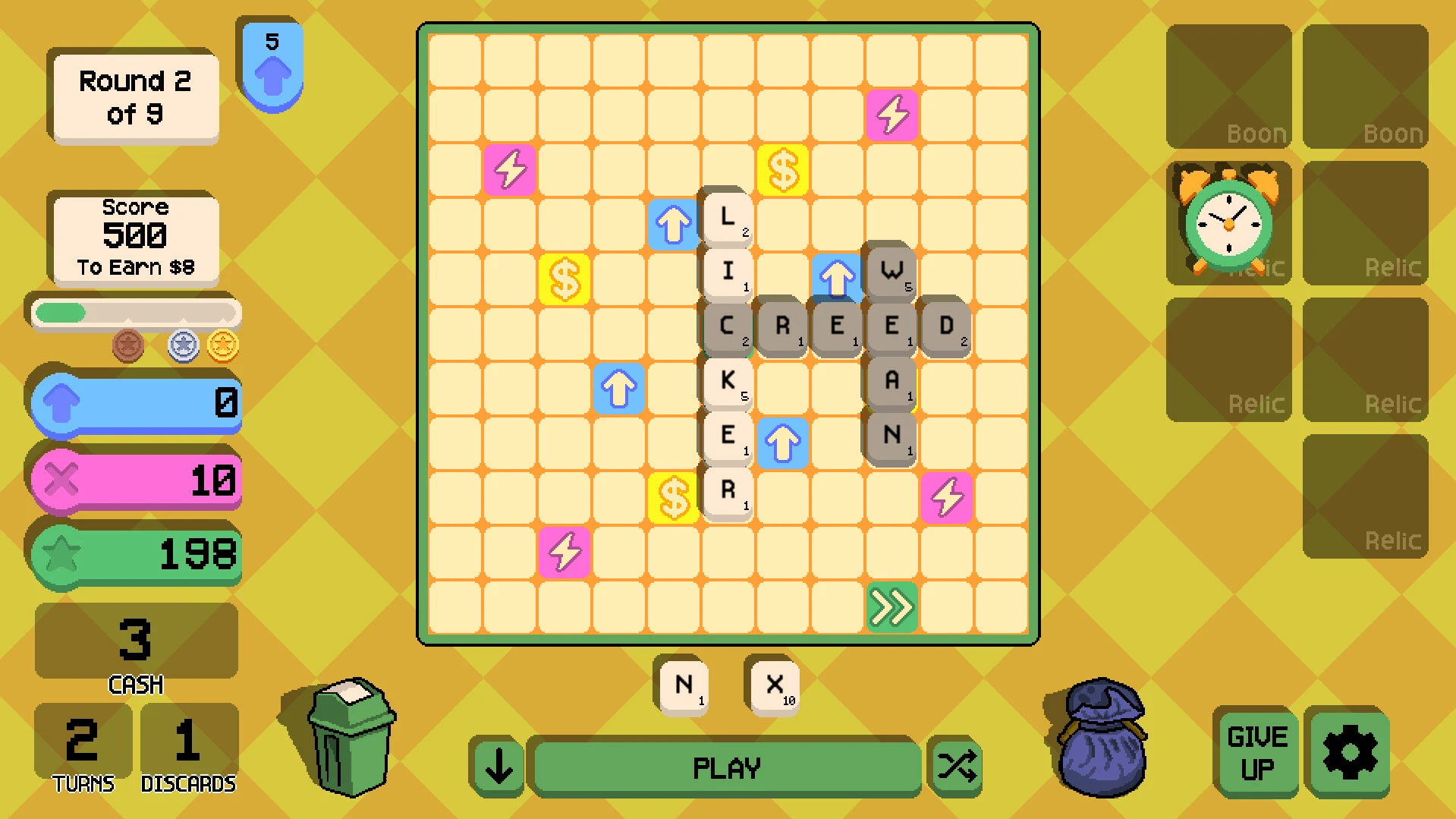 OMG Words roguelike word game with tile crafting, relics, and opponent battles
