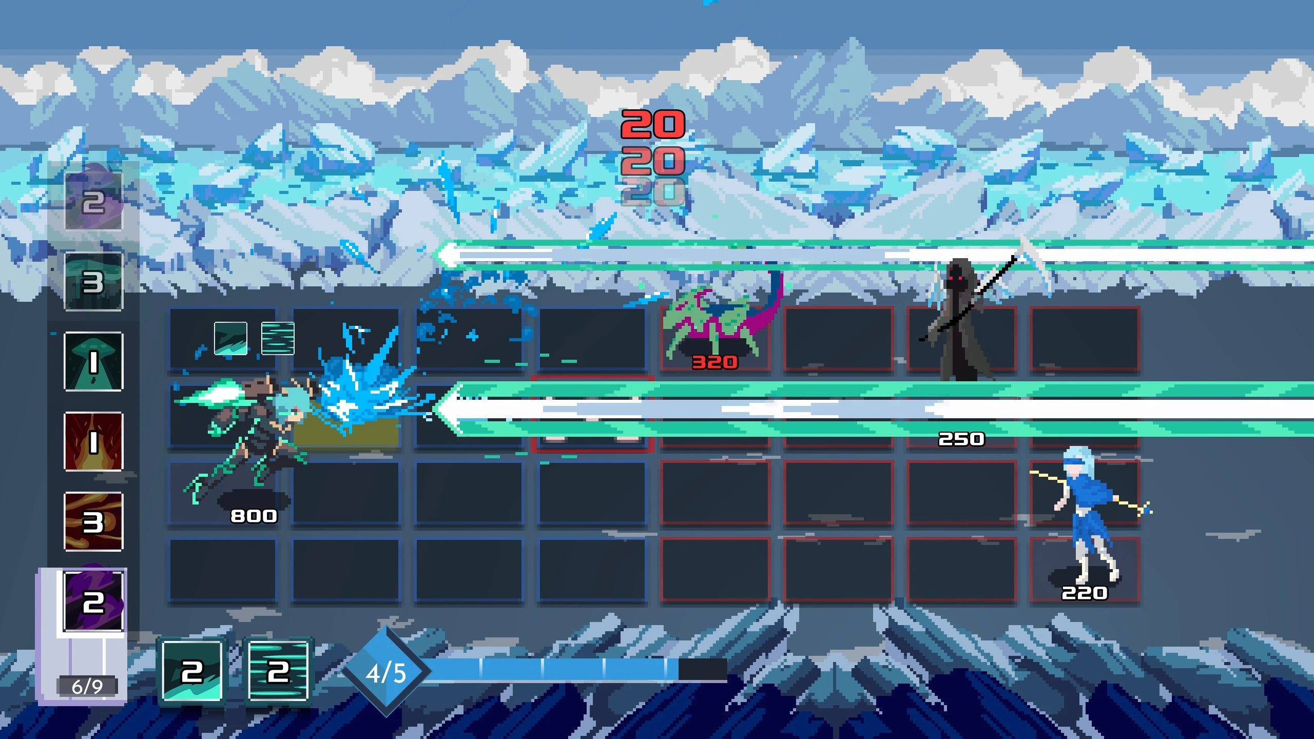 One Step From Eden real-time deckbuilder combat with spell cards on a grid battlefield