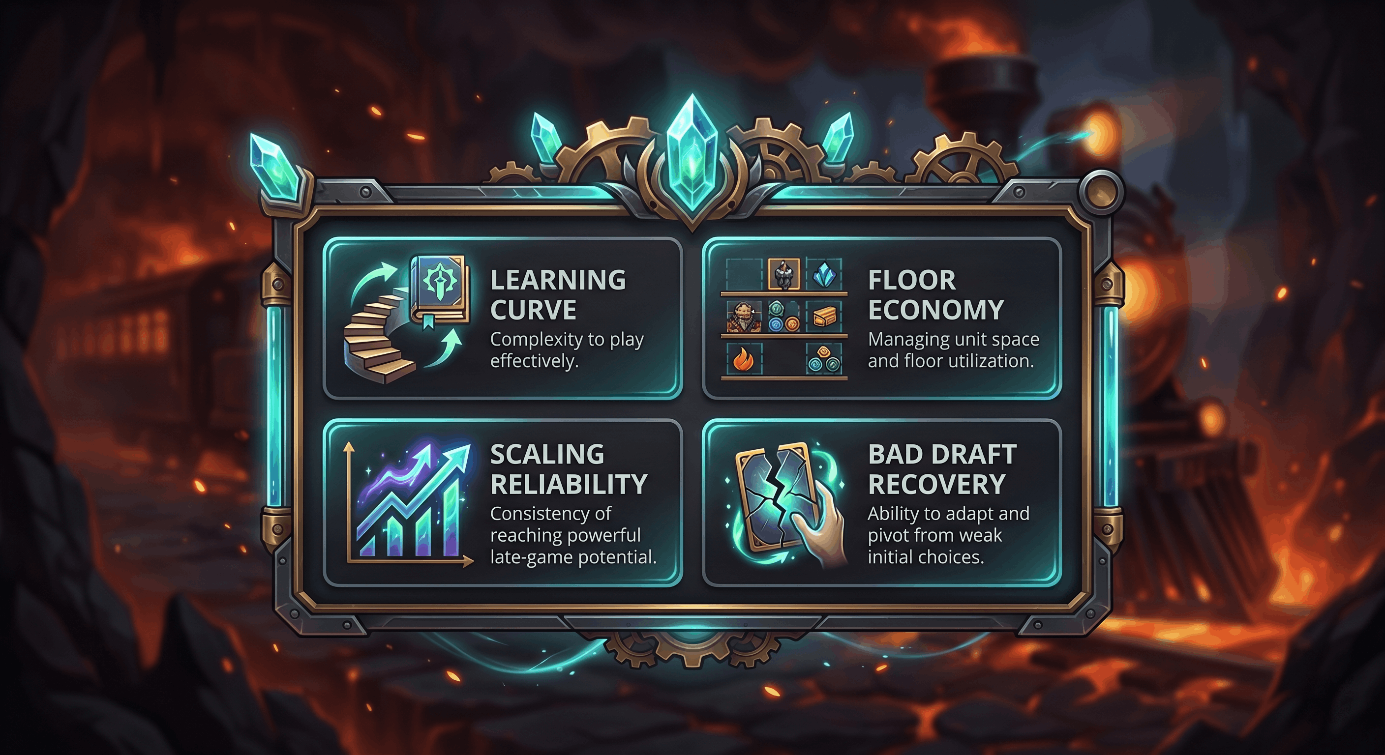Infographic summarizing Monster Train clan tier list criteria: learning curve, floor economy, scaling reliability, and bad-draft recovery, in a Monster Train styled frame