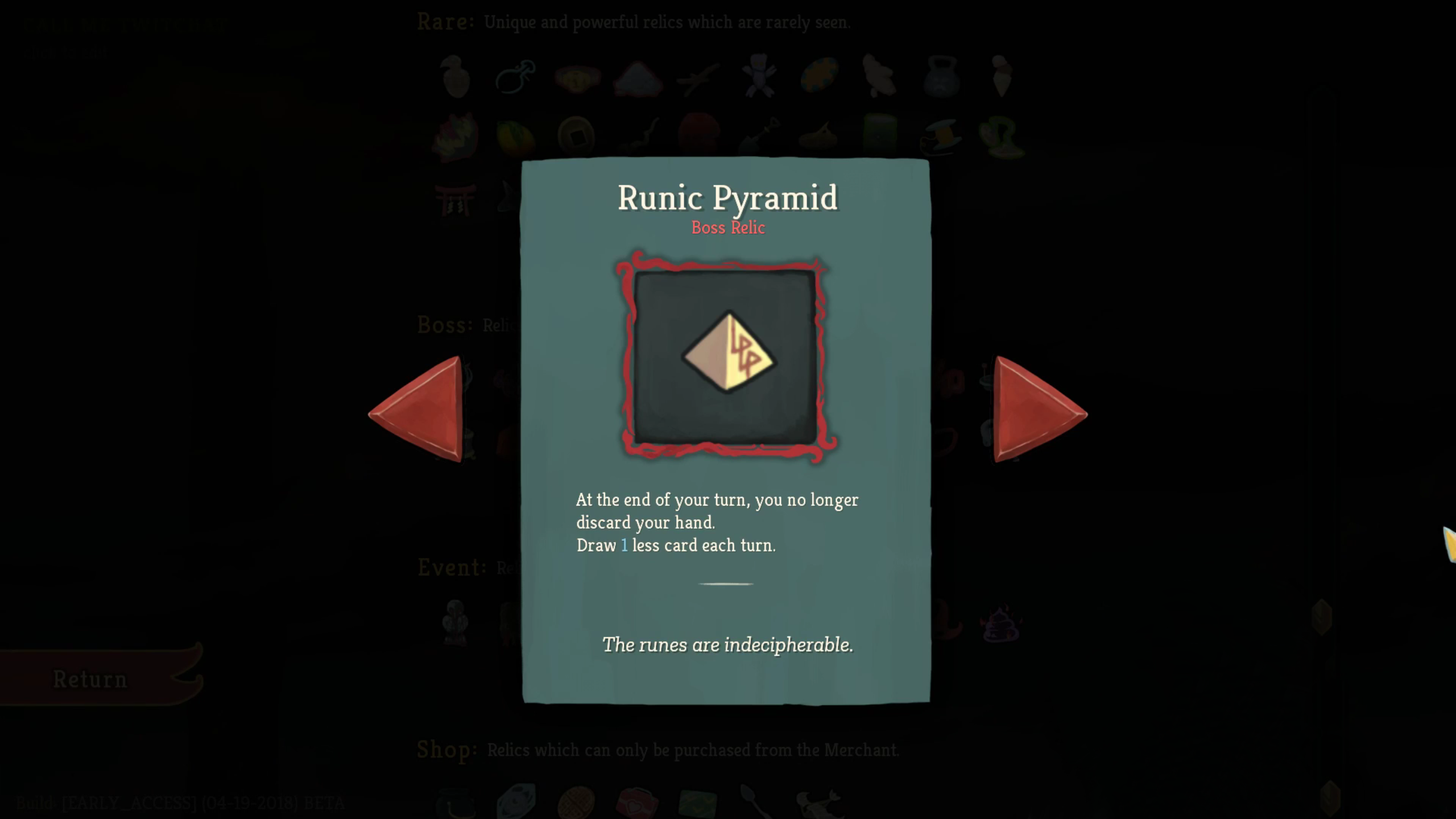 Slay the Spire Runic Pyramid boss relic card showing hand retention and draw one less card each turn